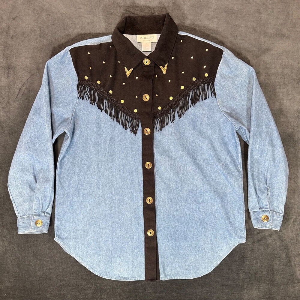 Adolfo Vintage Women's Western Button Up Denim Shirt Black Suede Fringe Gold SM